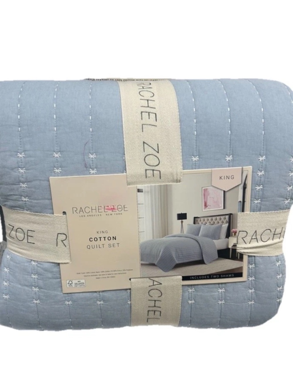 Rachel Zoe Blue Cotton King Quilt Set 106”x92”